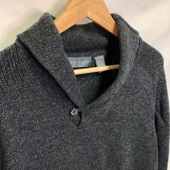 Oscar De La Renta Black Gray Marled Cotton Shawl Collared Sweater Size L - Picture 3 of 10